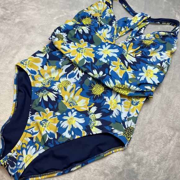 Adore Me‎ Monroe One Piece Swimsuit Womens 1X Blue Yellow Floral Plunging V-Neck - Picture 2 of 6